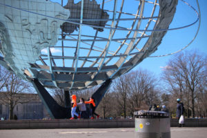 Unisphere with trash cans in Flushing Meadows-Corona Park